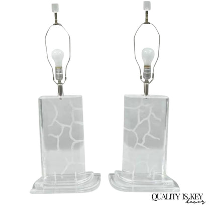 Vintage Mid Century Modern Etched Lucite Sculptural Table Lamps by Van Teal Pair