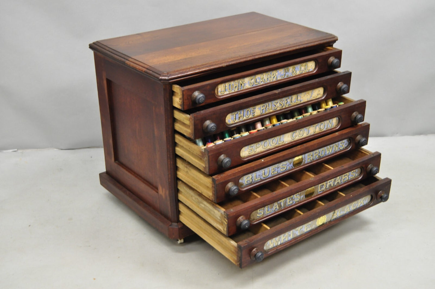 Antique John Clark Walnut 6 Drawer Sewing Spool Cabinet w Reverse Painted Glass