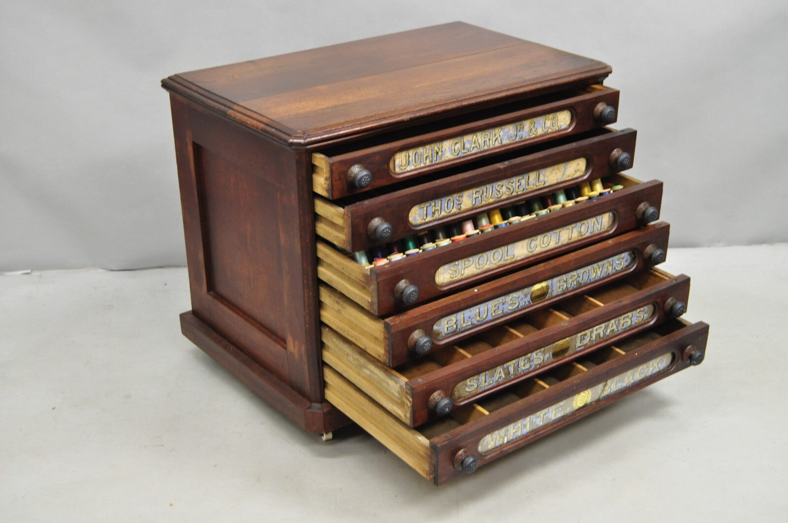 Antique John Clark Walnut 6 Drawer Sewing Spool Cabinet w Reverse Painted Glass