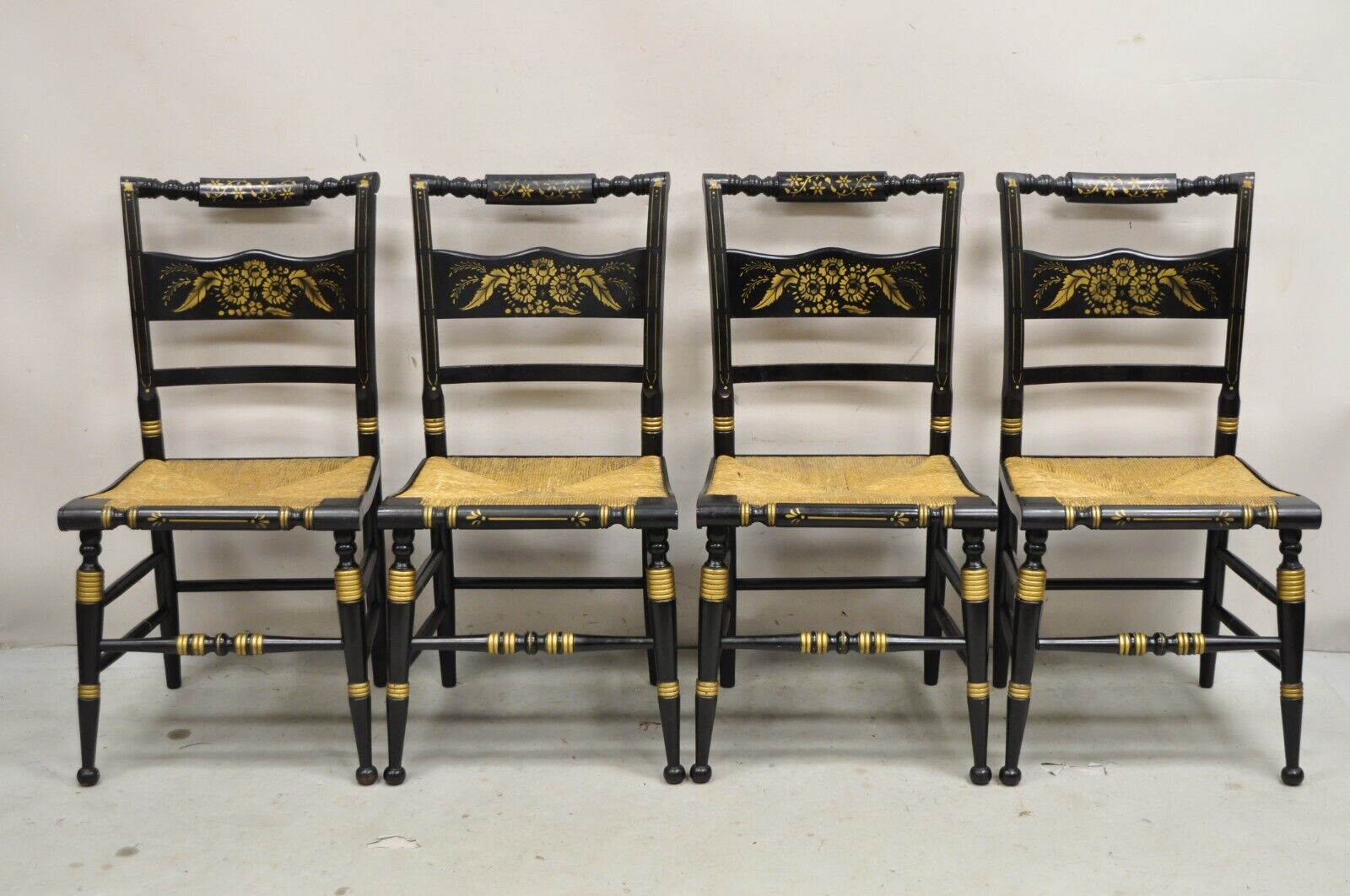 Antique Hitchcock Style Black Lacquer Stencil Rush Seat Dining Chairs - Set of 4