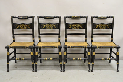 Antique Hitchcock Style Black Lacquer Stencil Rush Seat Dining Chairs - Set of 4