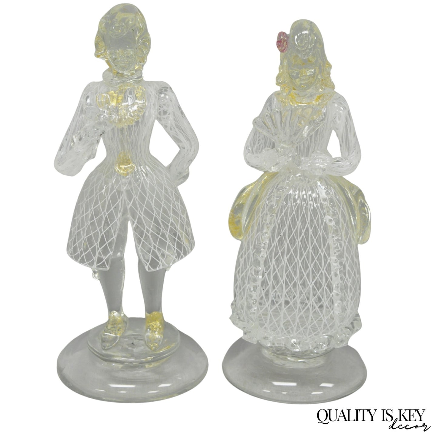 Vintage Italian Murano Latticino & Gold Leaf Art Glass Male & Female Figure Pair