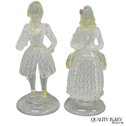 Vintage Italian Murano Latticino & Gold Leaf Art Glass Male & Female Figure Pair