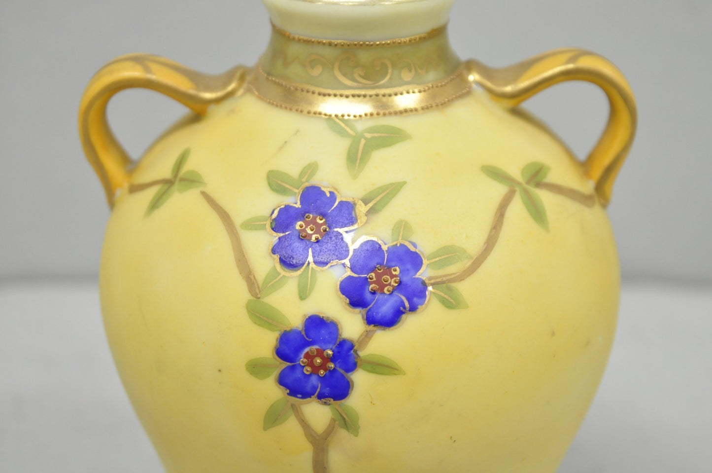 Antique Nippon Hand Painted Porcelain Moriage Mountain Scene Small Yellow Vase
