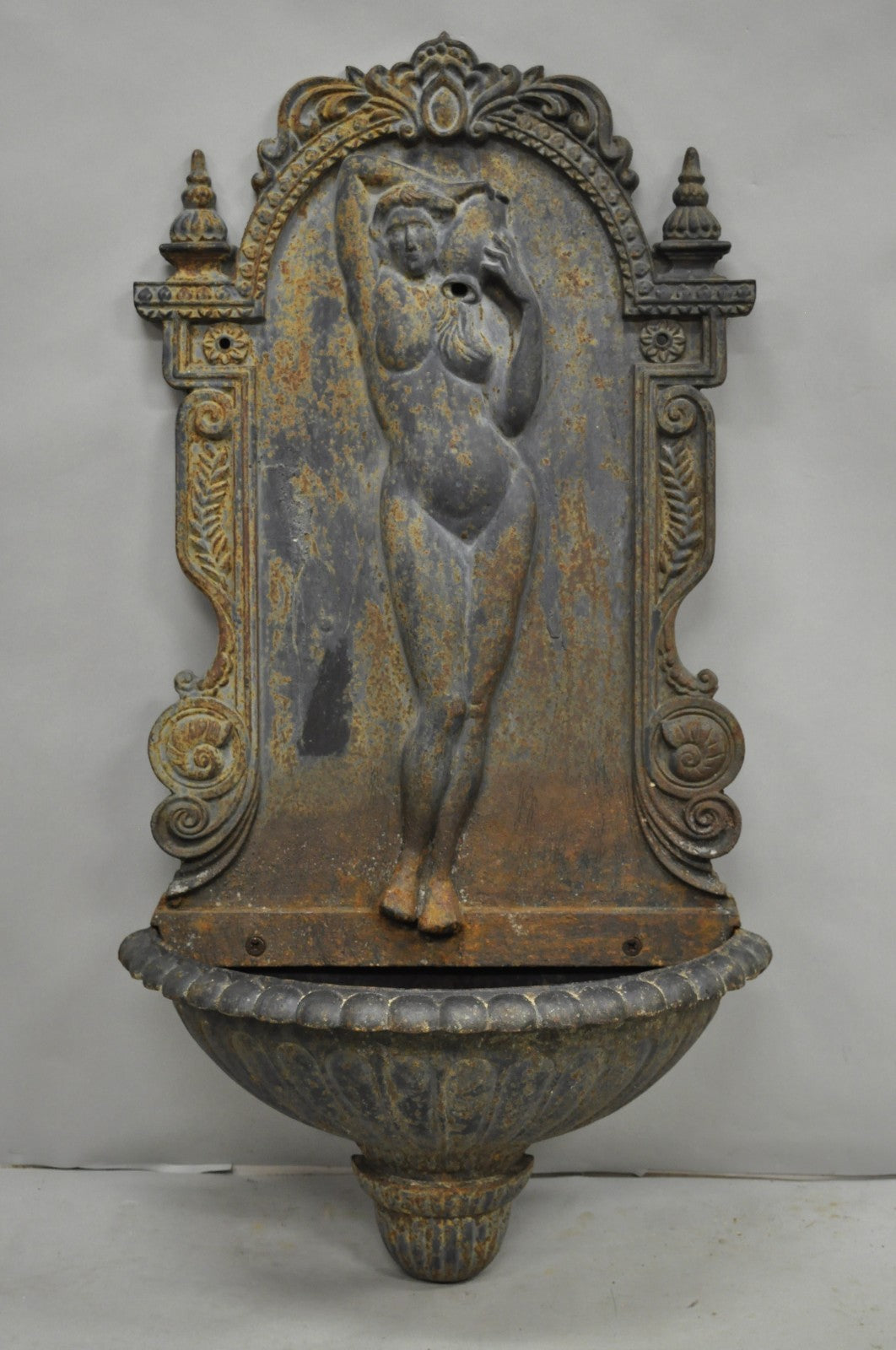 Vintage French Neoclassical Cast Iron Nude Maiden Wall Mounted Garden Fountain