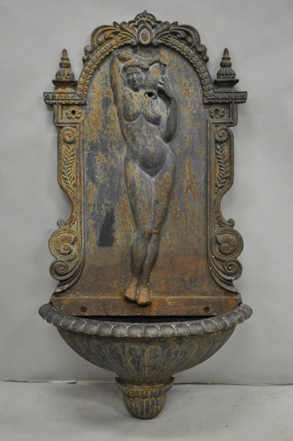 Vintage French Neoclassical Cast Iron Nude Maiden Wall Mounted Garden Fountain