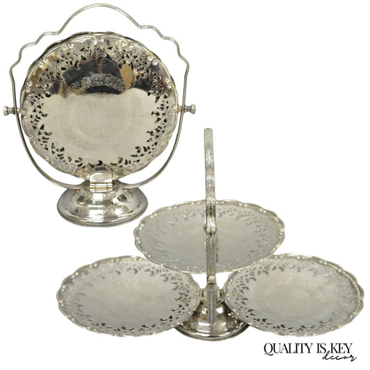 Vintage Queen Anne Style Silver Plated 3 Tiered Folding Cake Dessert Stand Tray