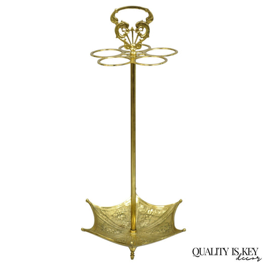 Vintage English Victorian Style Brass Umbrella Cane Stand w/ Serpent Handle