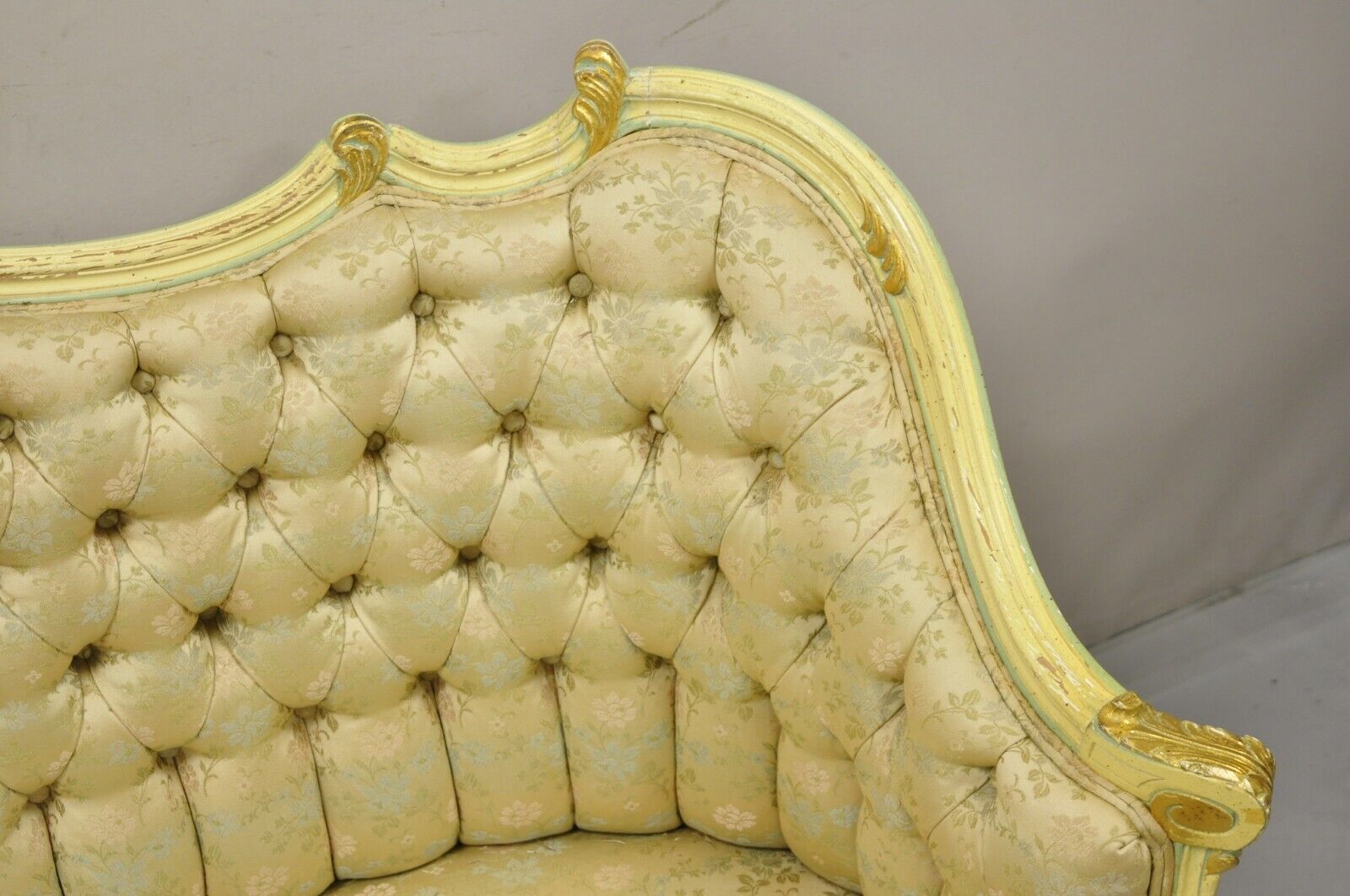 Vintage French Louis XV Rococo Style Yellow & Green Settee Loveseat Sofa