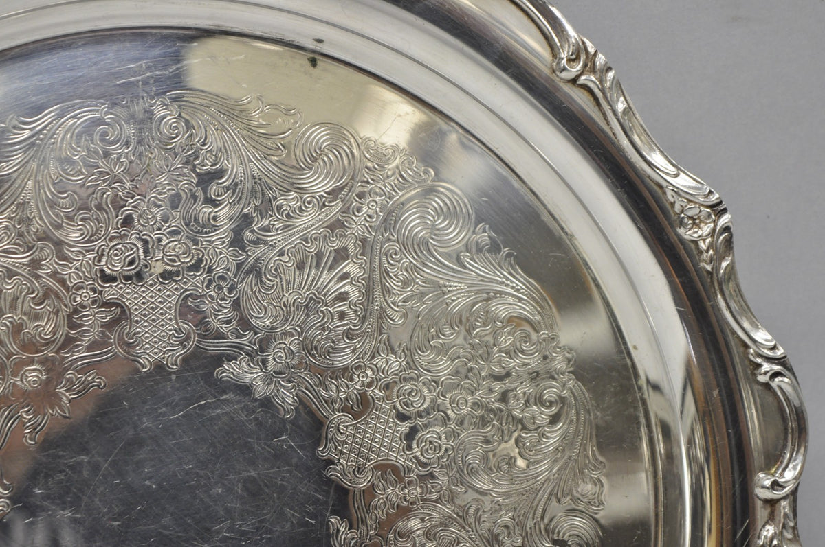 Vintage WM Rogers Wellington 1171 Round Silver Plated Etched Floral Platter Tray