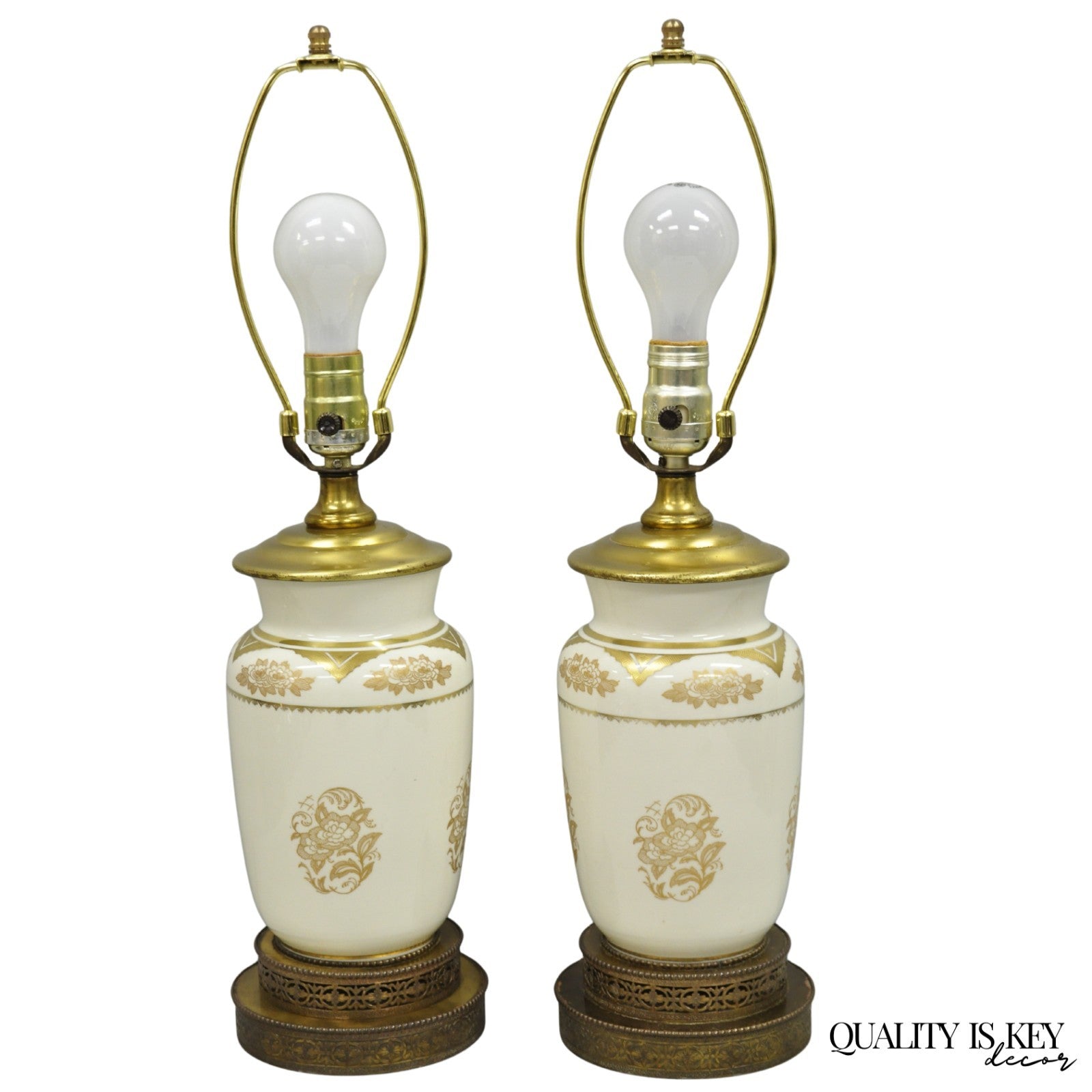 Vintage Victorian Cream & Gold Gilt Porcelain Table Lamps attr Lenox - a Pair