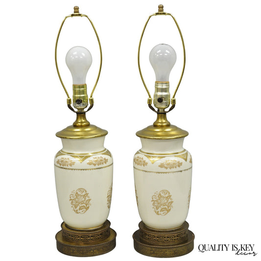Vintage Victorian Cream & Gold Gilt Porcelain Table Lamps attr Lenox - a Pair