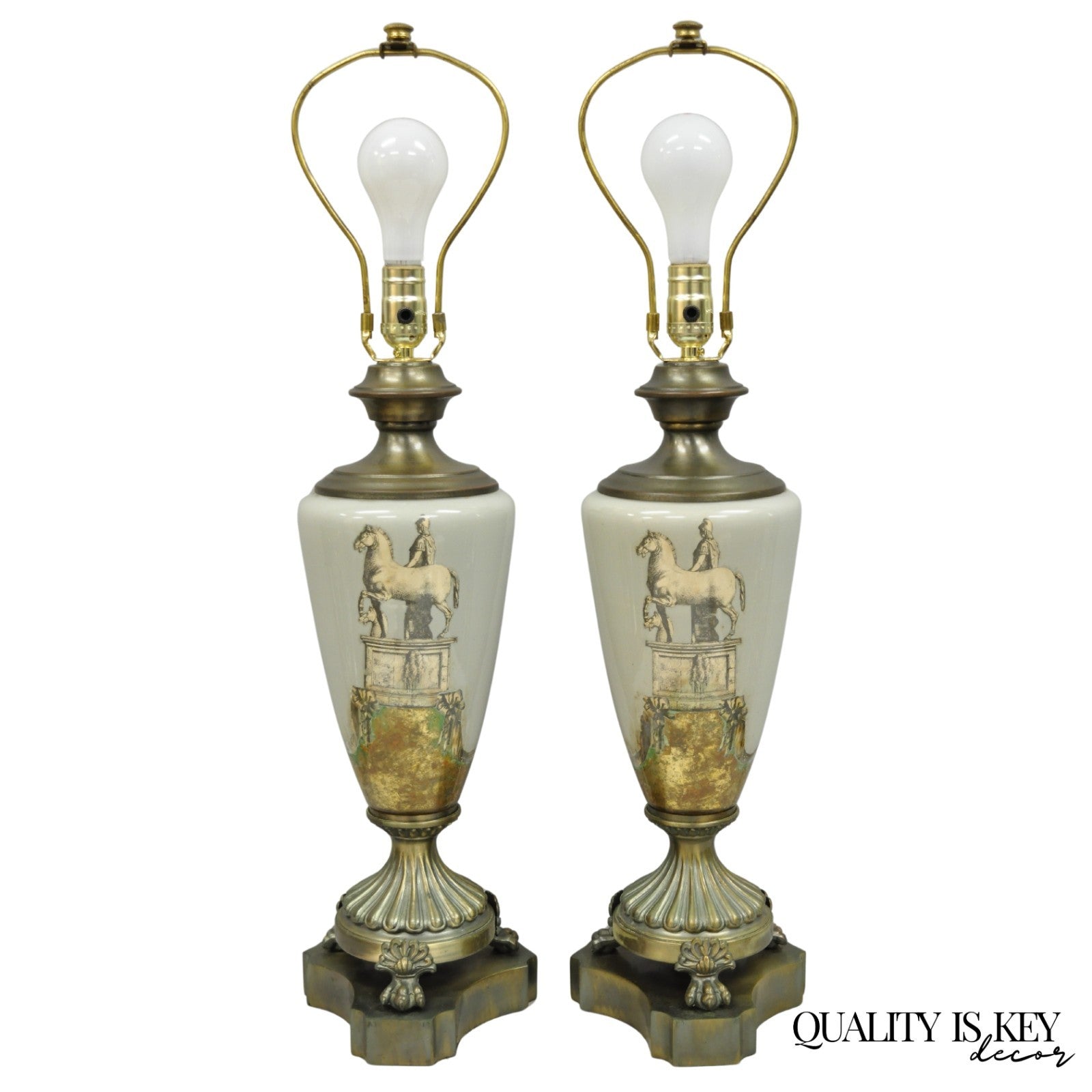 Vintage Roman Classical Style Gray Porcelain Urn Neoclassical Table Lamp - Pair