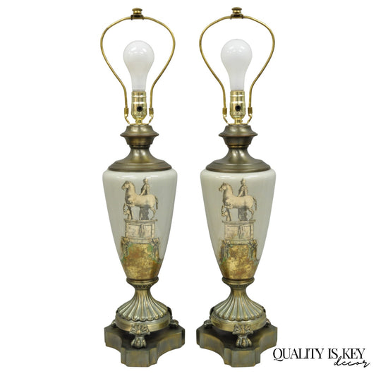 Vintage Roman Classical Style Gray Porcelain Urn Neoclassical Table Lamp - Pair