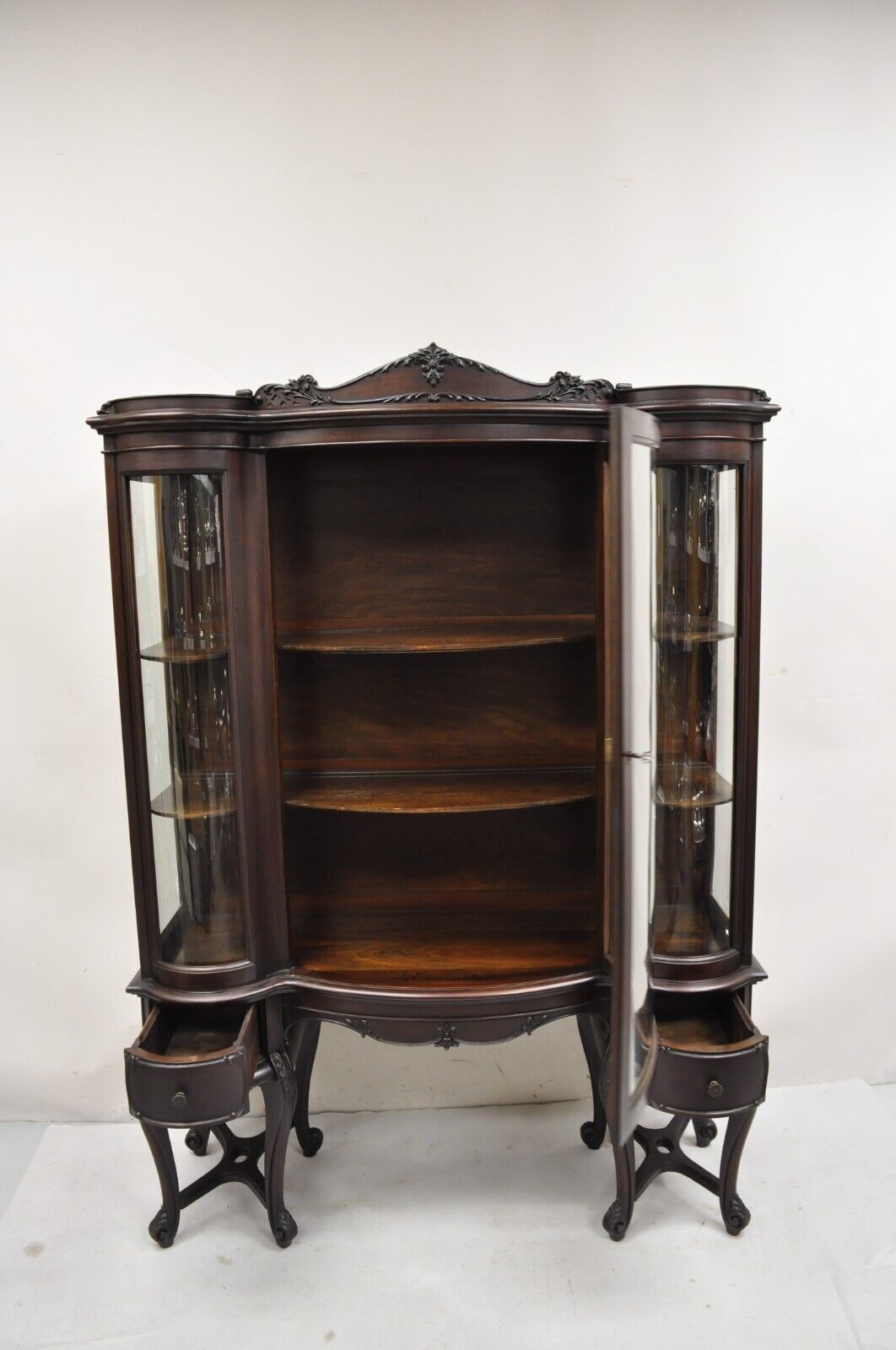 Antique French Renaissance Dark Walnut Triple Bowed Glass China Cabinet