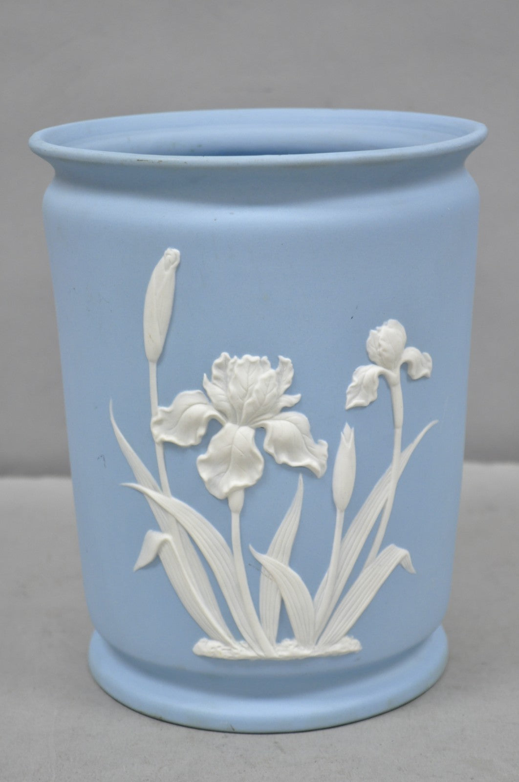 Vintage Flambro Cameo Iris Blue Jasperware Wedgwood Style Floral Cachepot Vase