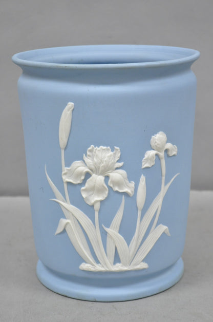 Vintage Flambro Cameo Iris Blue Jasperware Wedgwood Style Floral Cachepot Vase