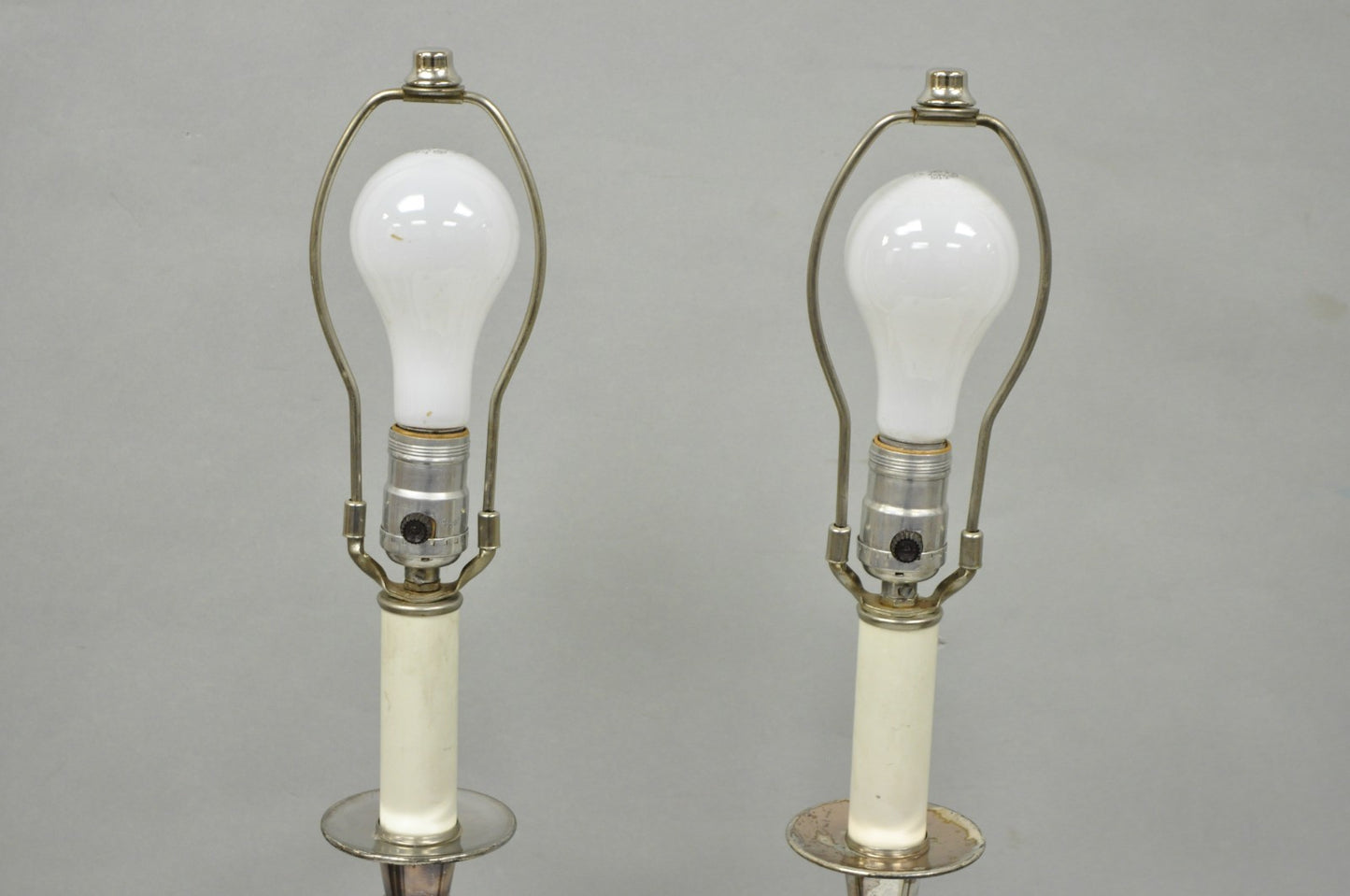 International Victorian Silver Plate Floral Repousse Candlestick Table Lamp Pair