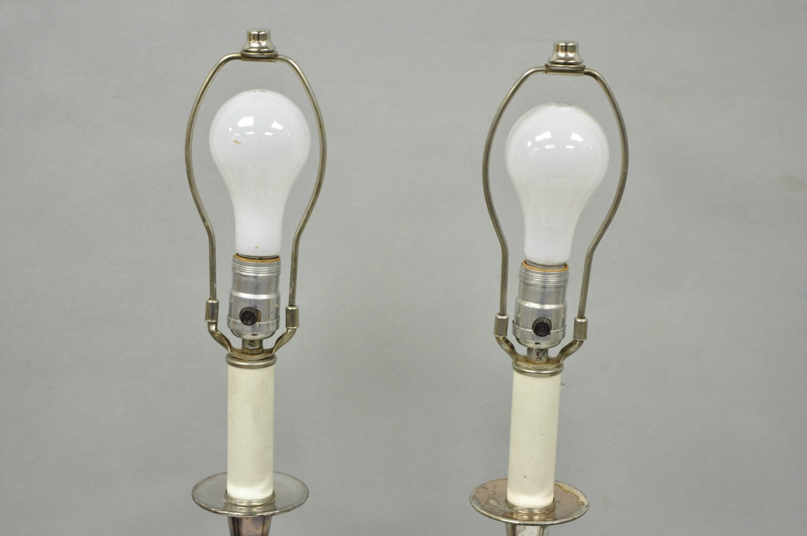 International Victorian Silver Plate Floral Repousse Candlestick Table Lamp Pair