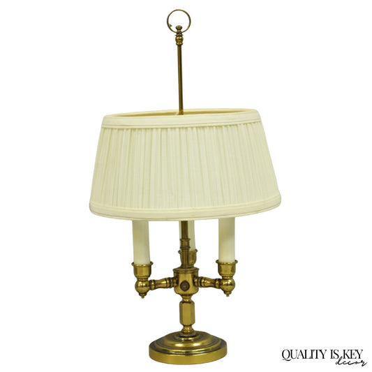 Vintage French Country Style Small Brass Candelabra Bouillotte Desk Lamp w Shade