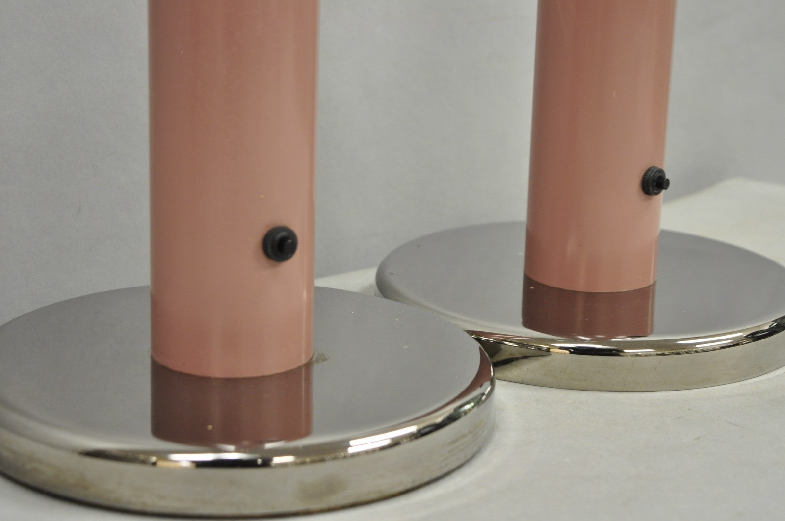 Mid Century Modern Bubble Gum Pink Cylinder Column Chrome Table Lamp - a Pair