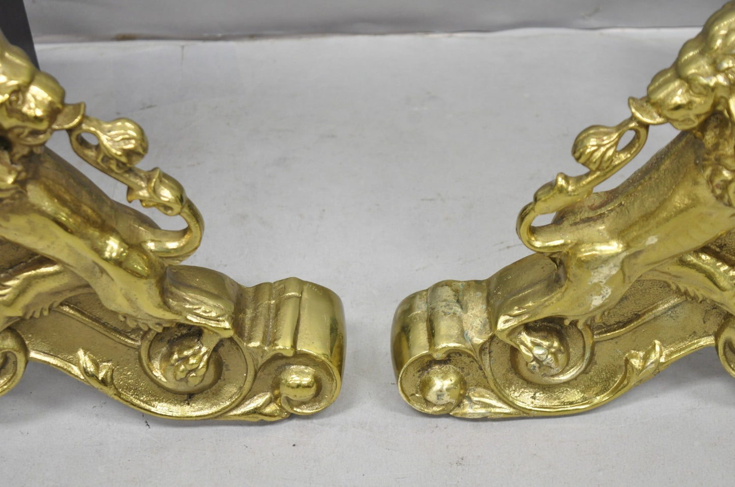 French Empire Renaissance Brass Lion Coat of Arms Cannonball Andirons - a Pair