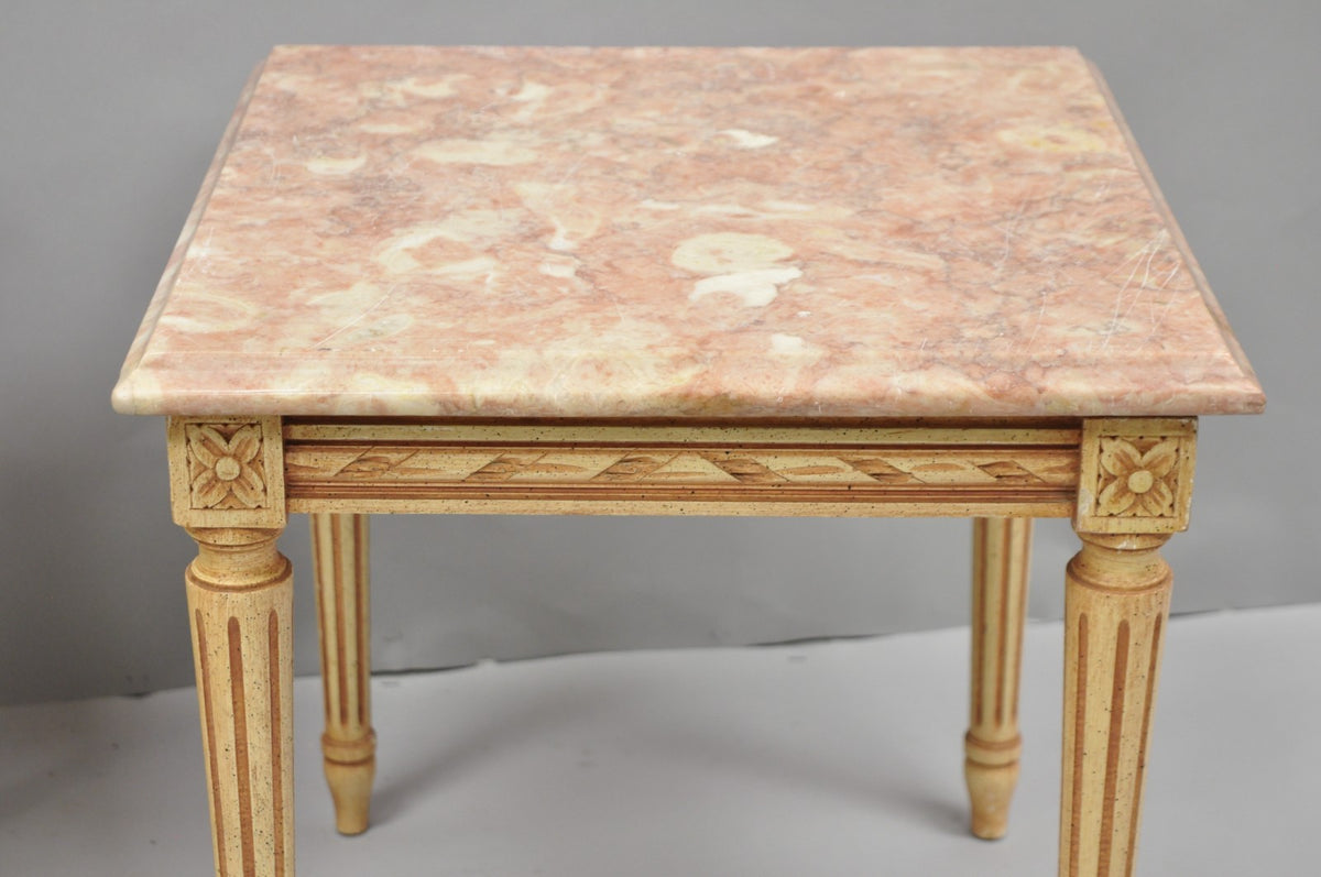 Vintage French Louis XVI Style Pink Marble Top Low Drinks Side Tables - a Pair