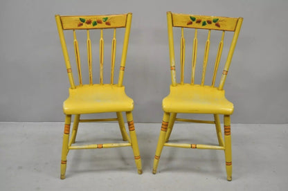 Antique Windsor Hitchcock Style Yellow Painted Plank Seat Side Chairs - a Pair