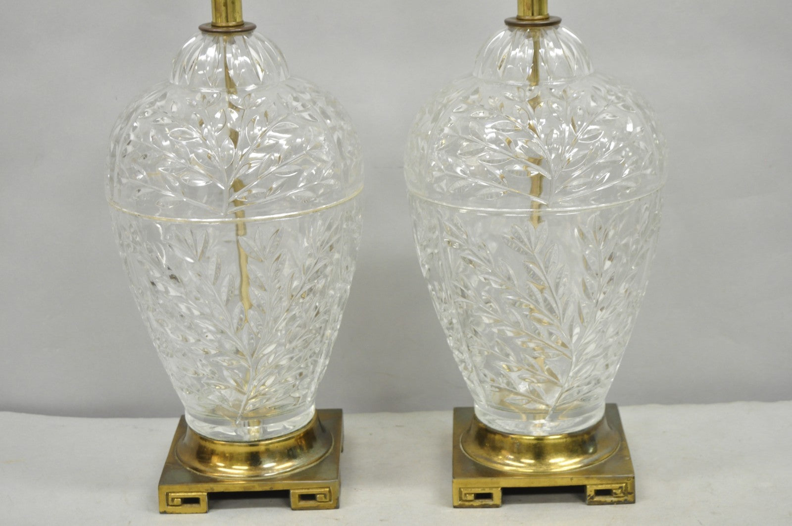 Vintage Chinoiserie Heavy Leaded Glass Wheat Sheaf Ginger Jar Table Lamps, Pair