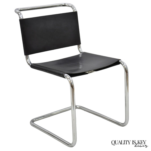 Vintage Marcel Breuer Black Leather Corset Back B33 Chrome Side Chair attr Knoll
