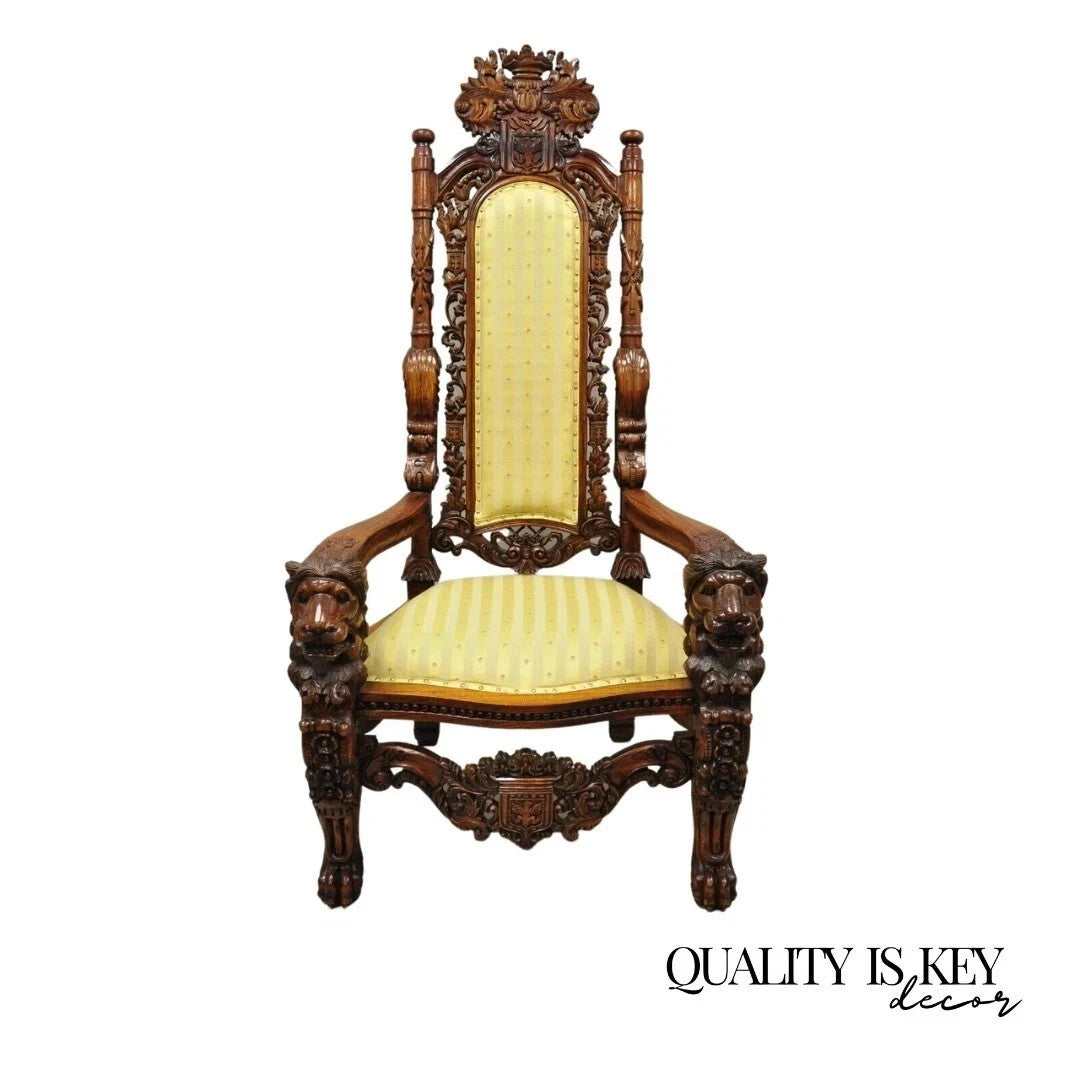 Renaissance Gothic Style Large Figural Lion Carved Wood Paw Feet Throne Chair
