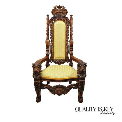 Renaissance Gothic Style Large Figural Lion Carved Wood Paw Feet Throne Chair