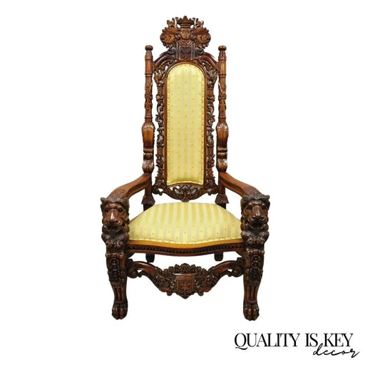 Renaissance Gothic Style Large Figural Lion Carved Wood Paw Feet Throne Chair
