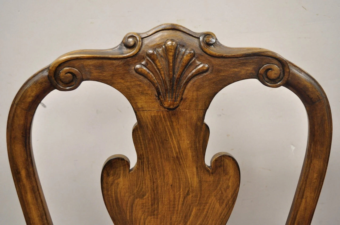 Vintage English Queen Anne Shell Carved Solid Wood Dining Side Chairs - Set of 8