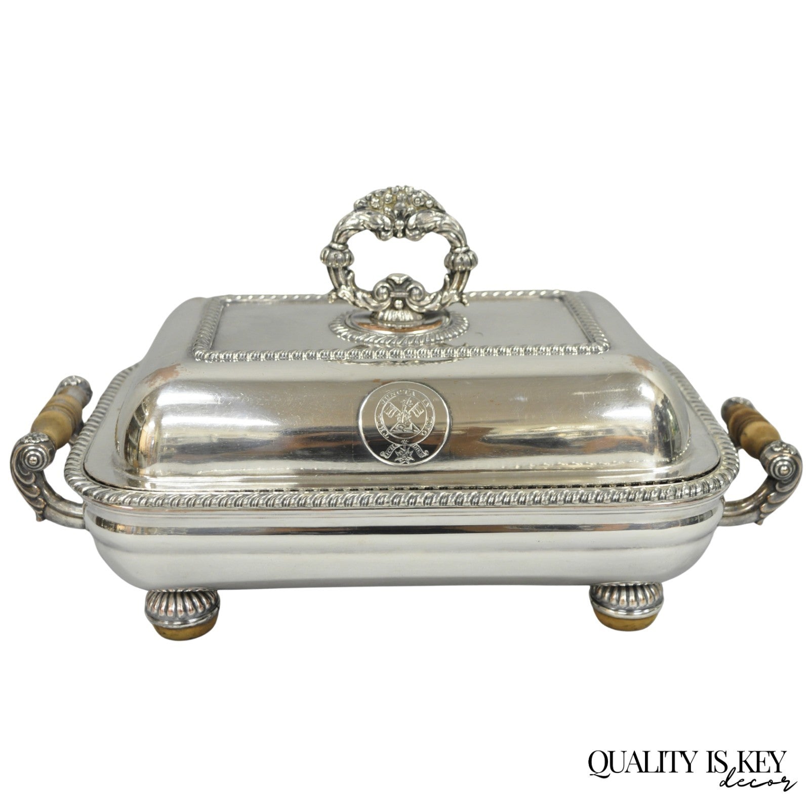 Antique English Georgian Silver Plated Covered Chafing Dish on Wooden Bun Feet