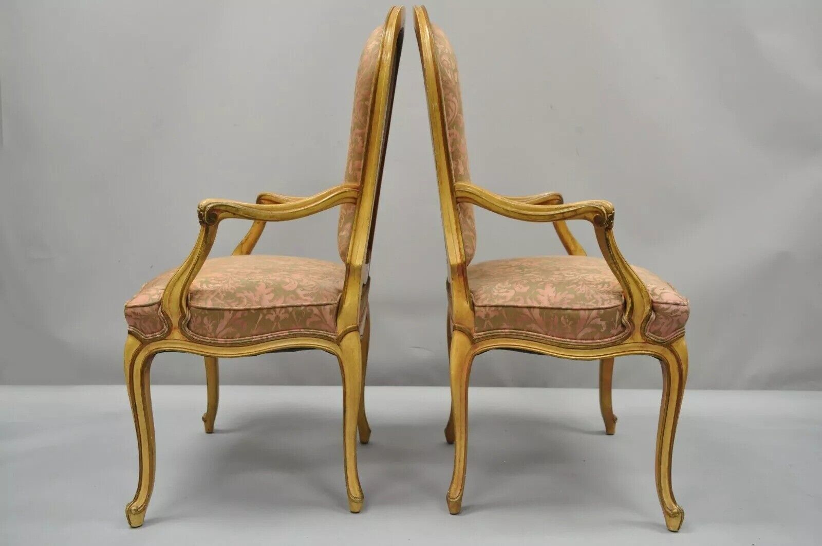 Italian Provincial French Hollywood Regency Upholstered Dining Arm Chairs - Pair