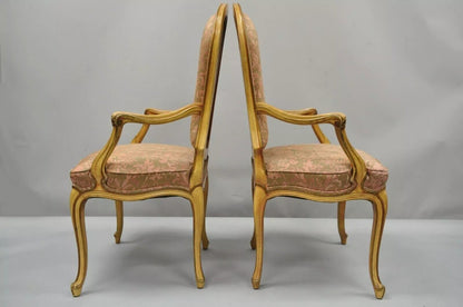 Italian Provincial French Hollywood Regency Upholstered Dining Arm Chairs - Pair