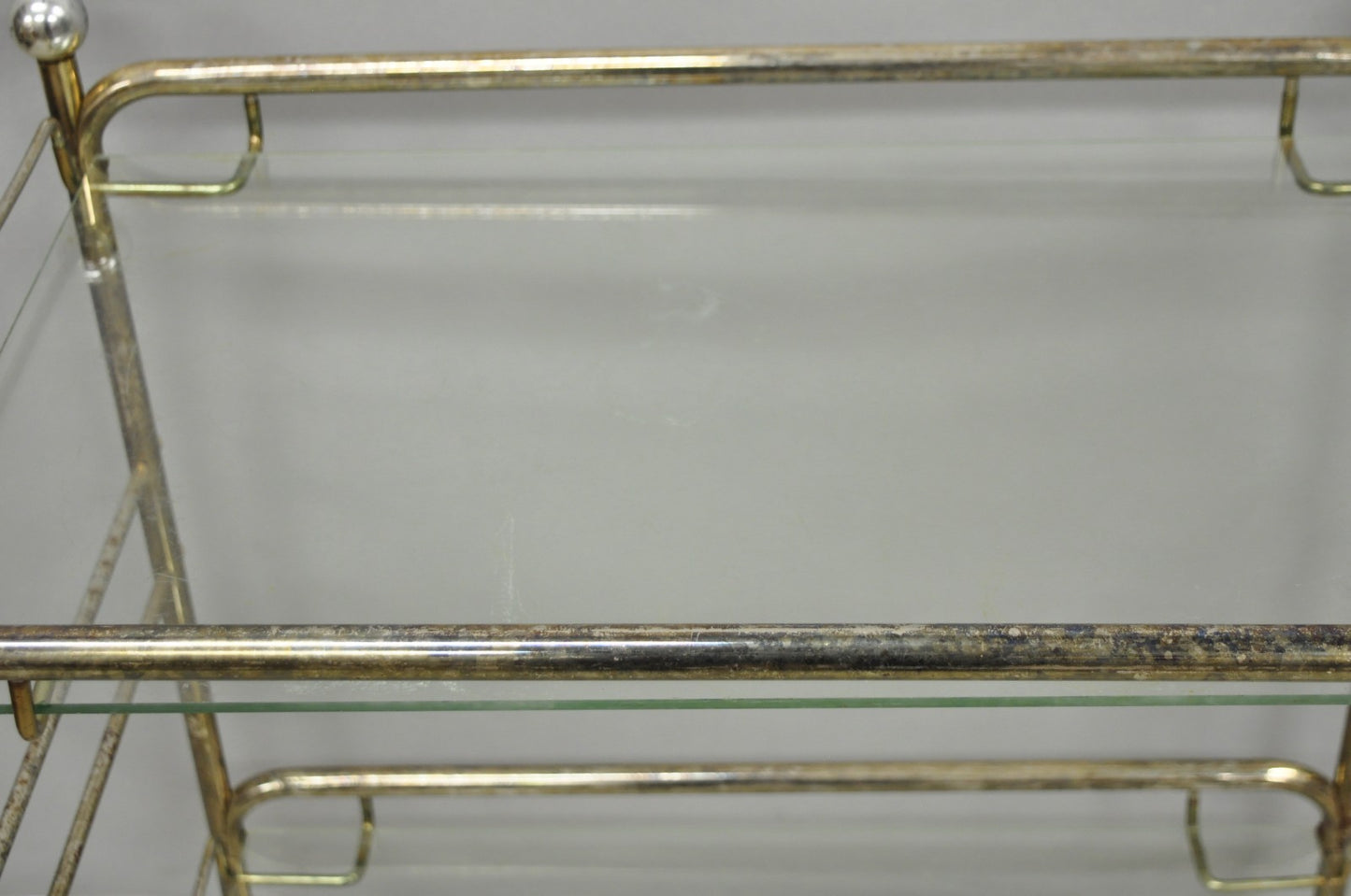 Vintage Mid Century Modern Metal 2 Tier Glass Shelf Rolling Liquor Bar Cart