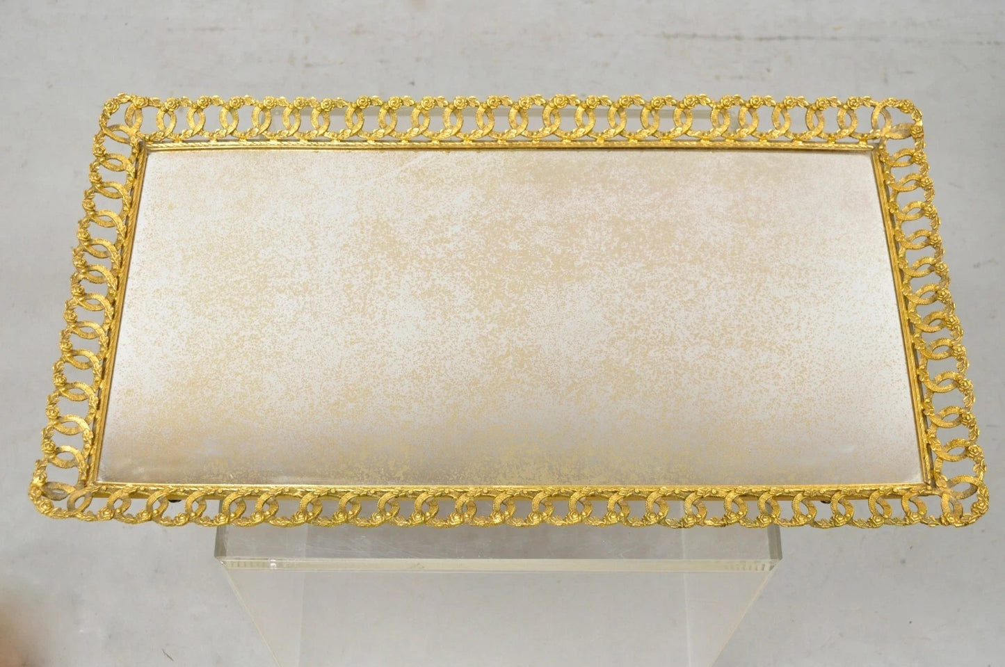 Vintage French Gold Filigree Vanity Set Perfume Clock Jewelry Box & Tray - 5 Pcs