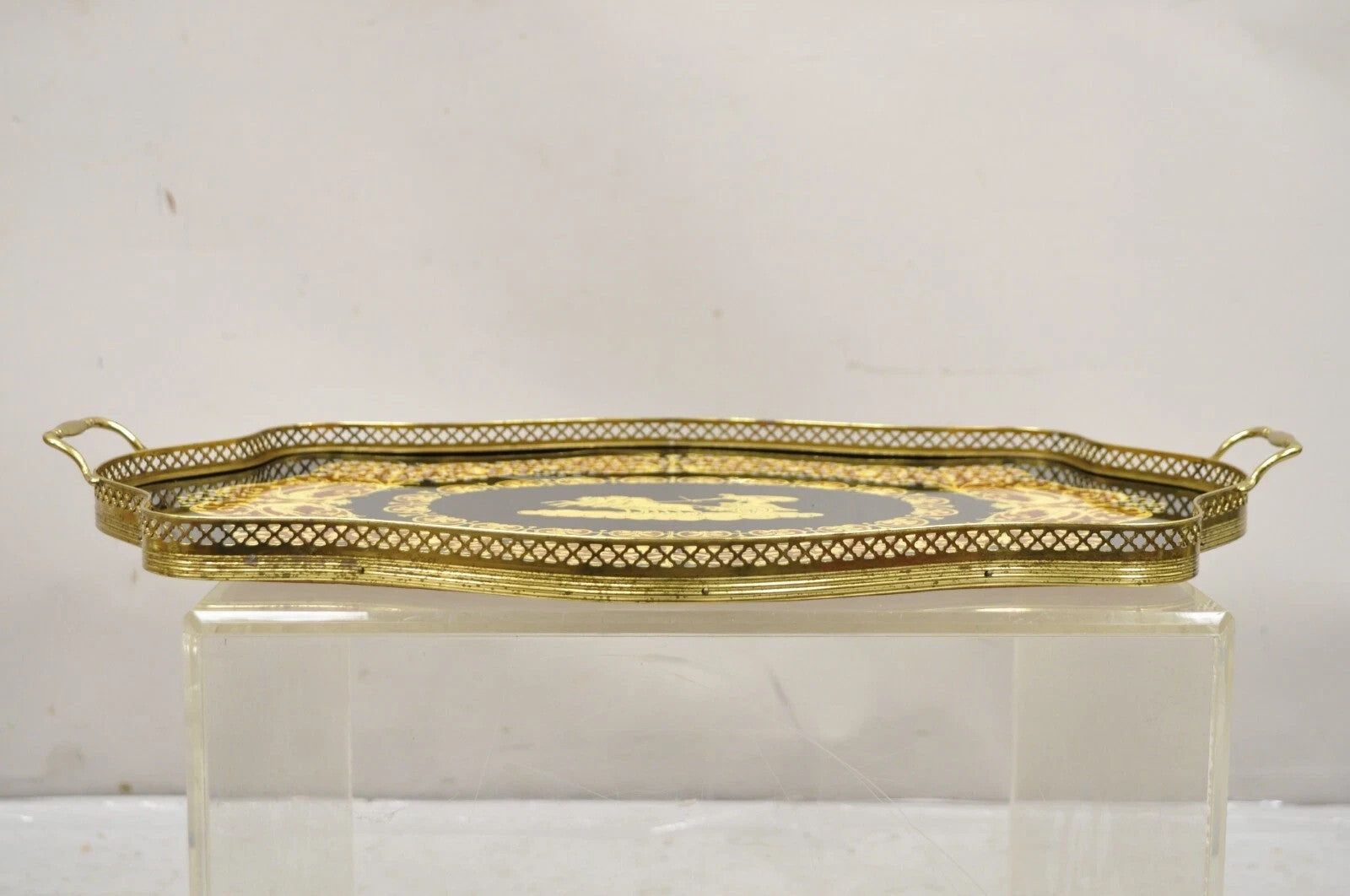 Vintage Italian Lacquered Wood & Brass Chariot Marquetry Inlay Bar Serving Tray
