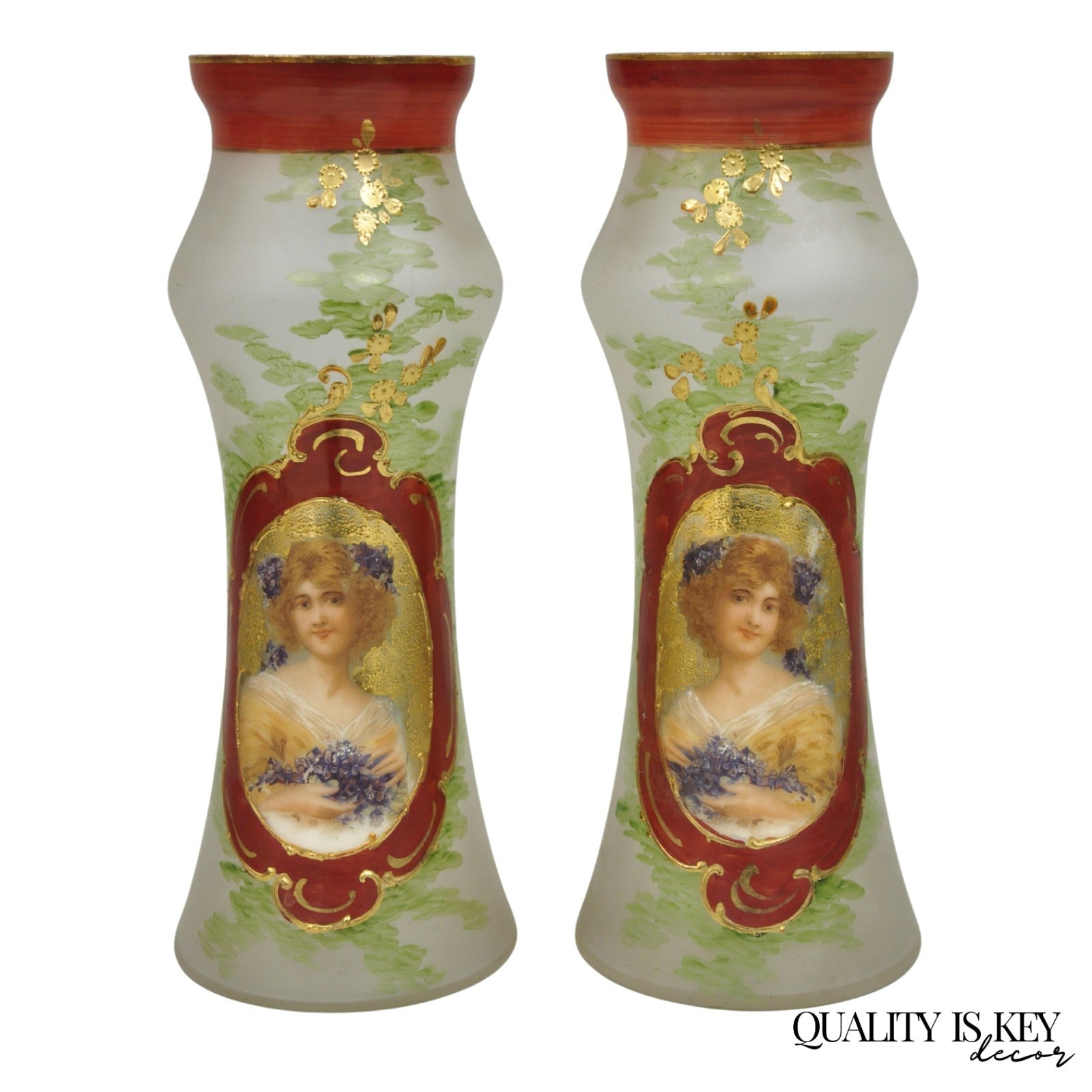 Vintage German Victorian Frosted Glass Painted Figural Woman Bust Vase - a Pair