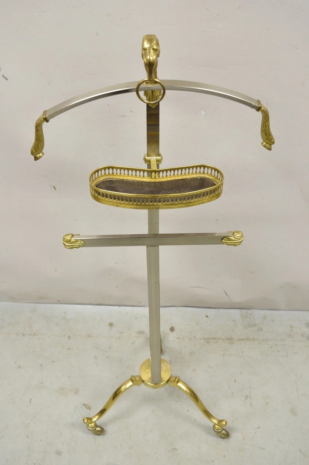 Vintage Italian Maison Jansen Style Brass & Steel Rams Head Suit Clothing Valet
