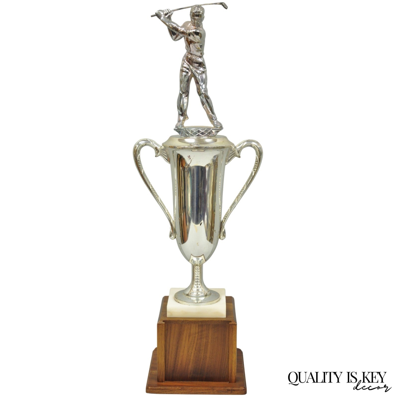 Vintage 1970s Art Deco Silver Metal Marble & Wood Figural Golf Trophy Award Cup