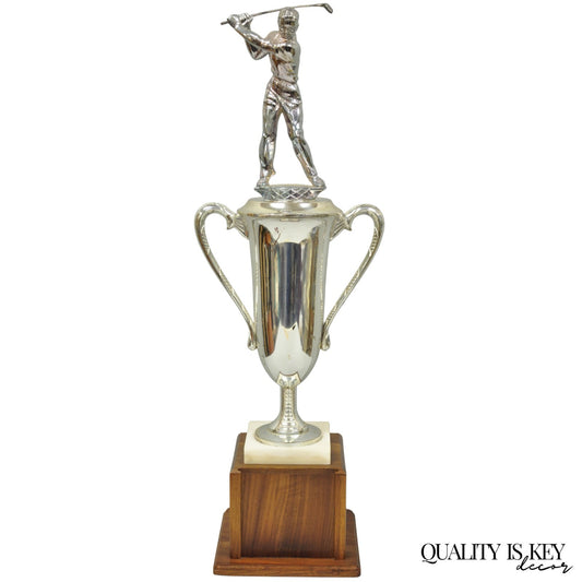 Vintage 1970s Art Deco Silver Metal Marble & Wood Figural Golf Trophy Award Cup