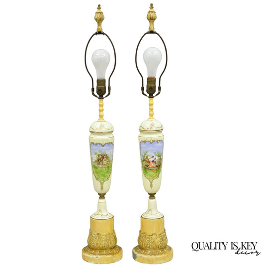 Antique French Renaissance Slender Porcelain Urn Hand Painted Table Lamps - Pair