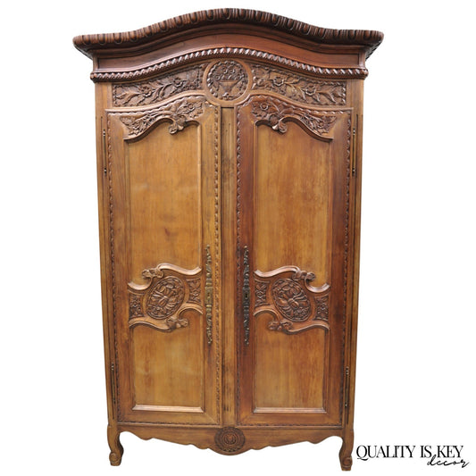 French Country Normandy France Carved Walnut Large Wardrobe Armoire Cabinet