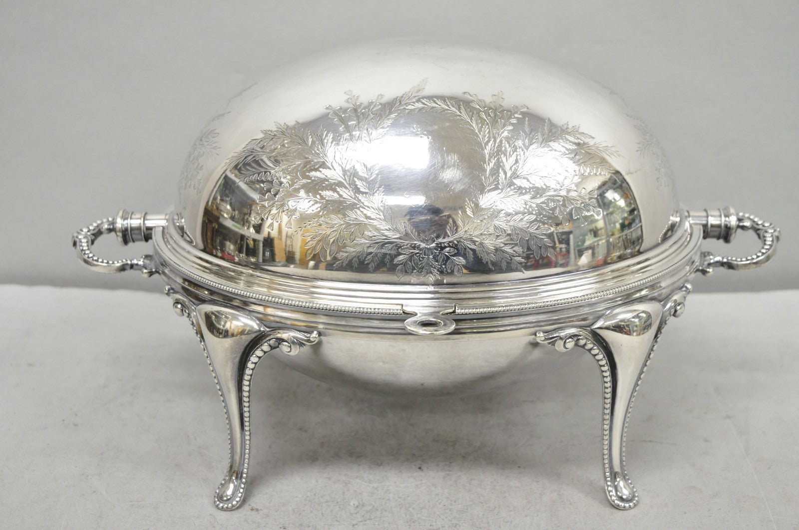 Antique Elkington & Co English Silver Plated Chafing Dish Revolving Dome Warmer