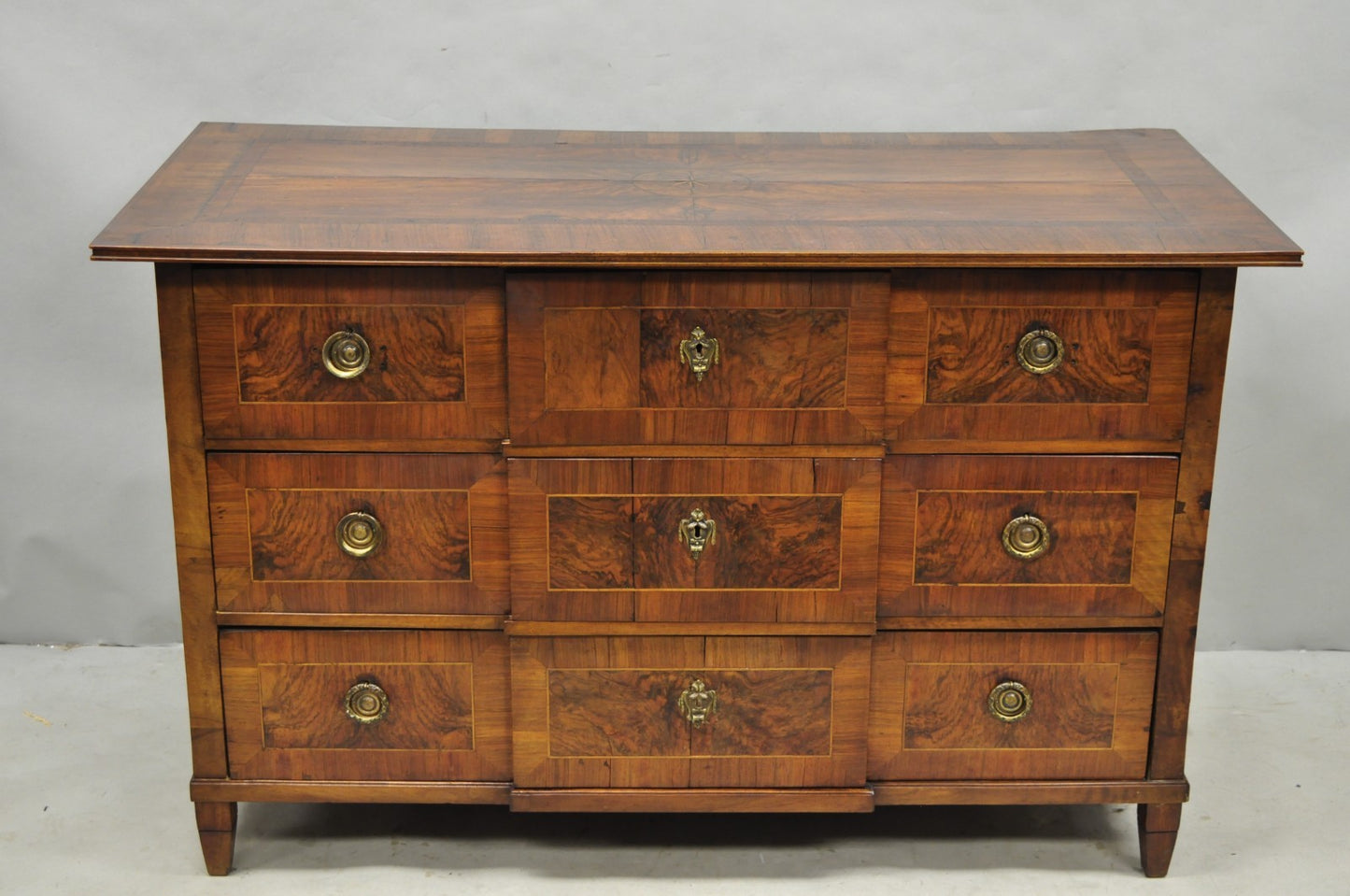Antique Italian Biedermeier Burr Walnut 3 Drawer Commode Dresser Chest of Drawer