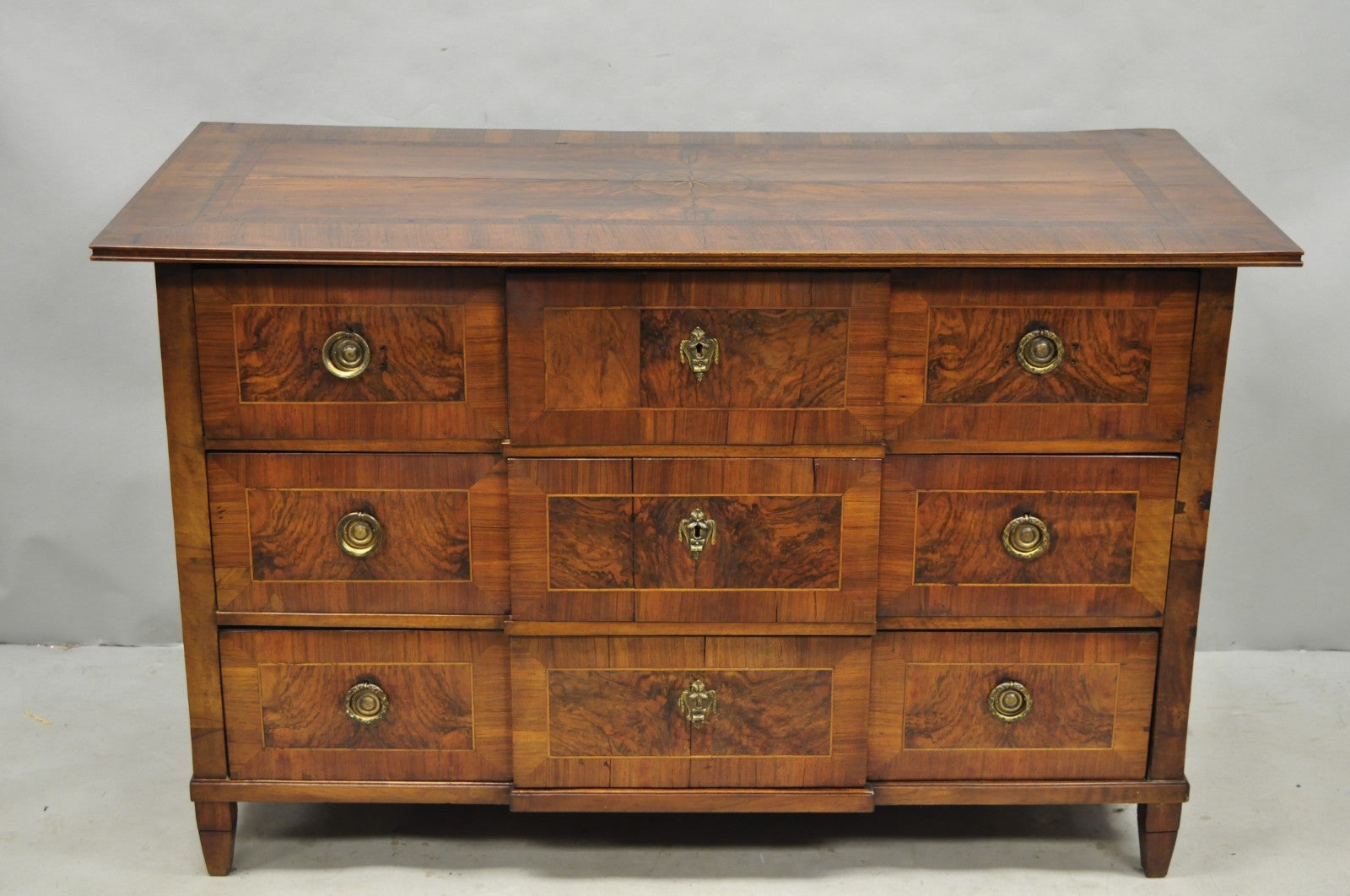Antique Italian Biedermeier Burr Walnut 3 Drawer Commode Dresser Chest of Drawer