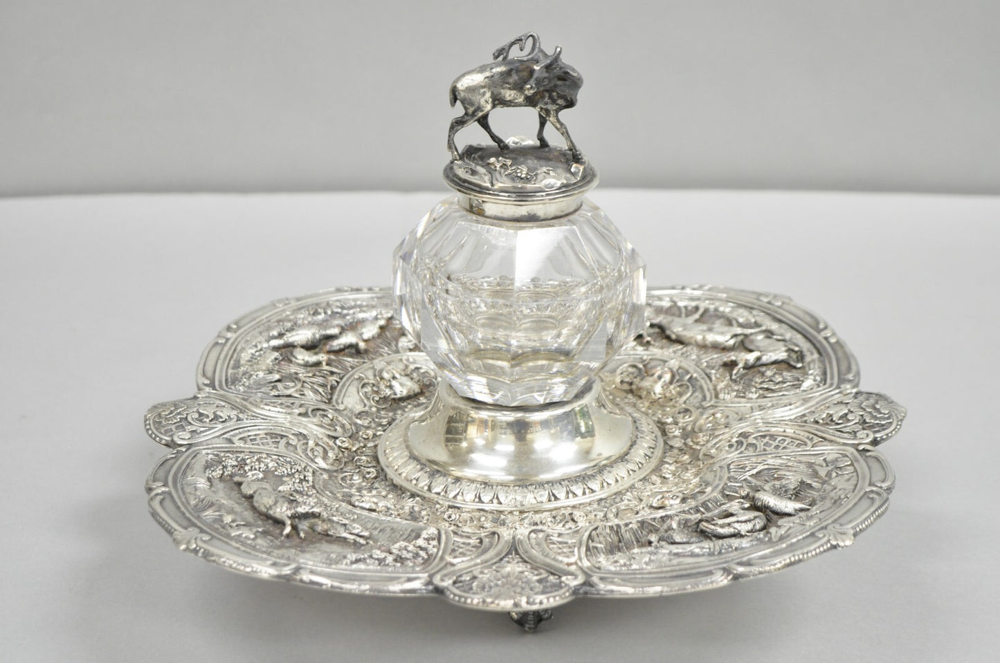 Antique English Victorian Stag Mounted Crystal Glass Inkwell Silver Plated Tray
